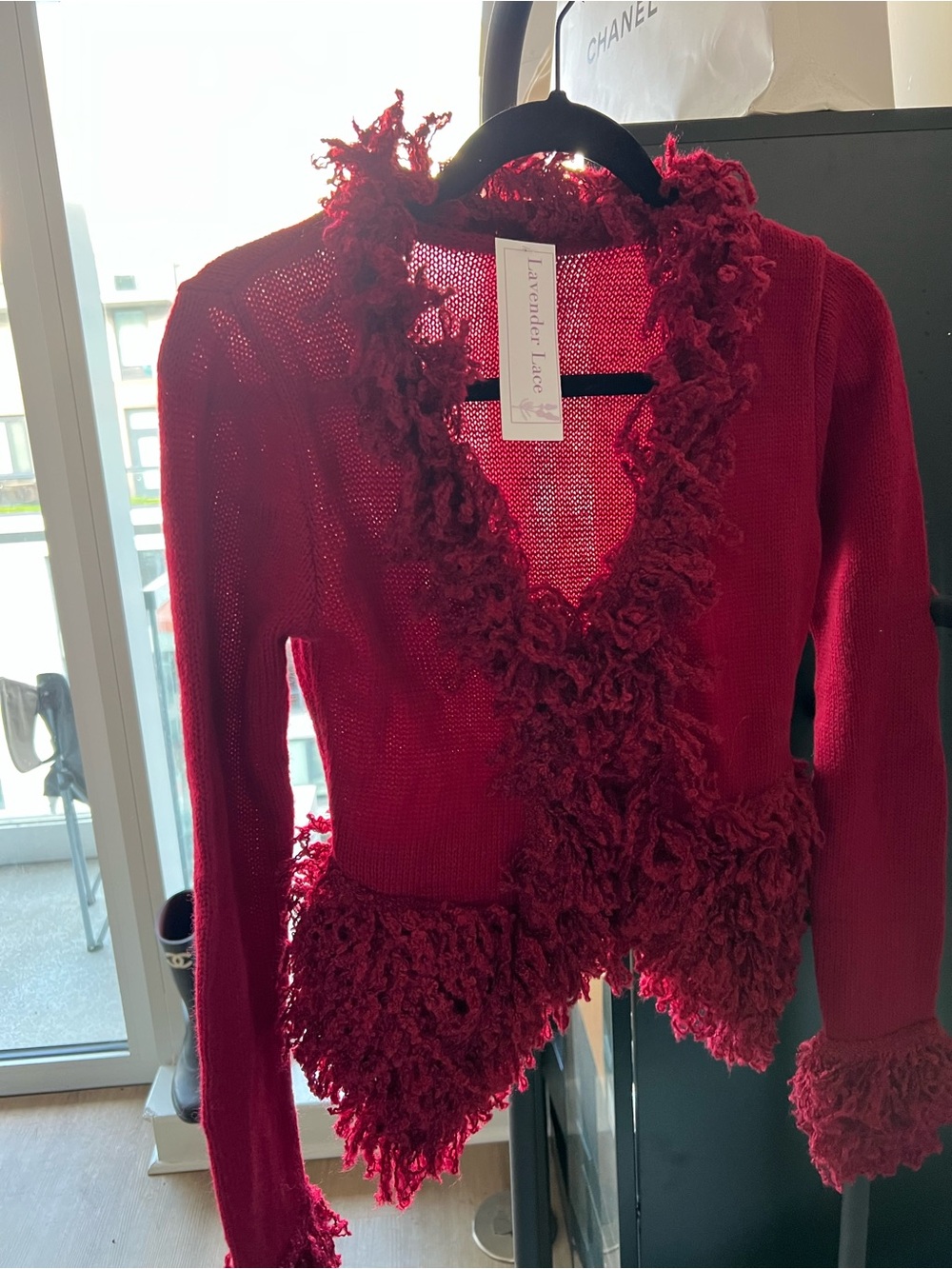 Burgundy Casual Women's Shaggy fringe detailed Knit Cardigan